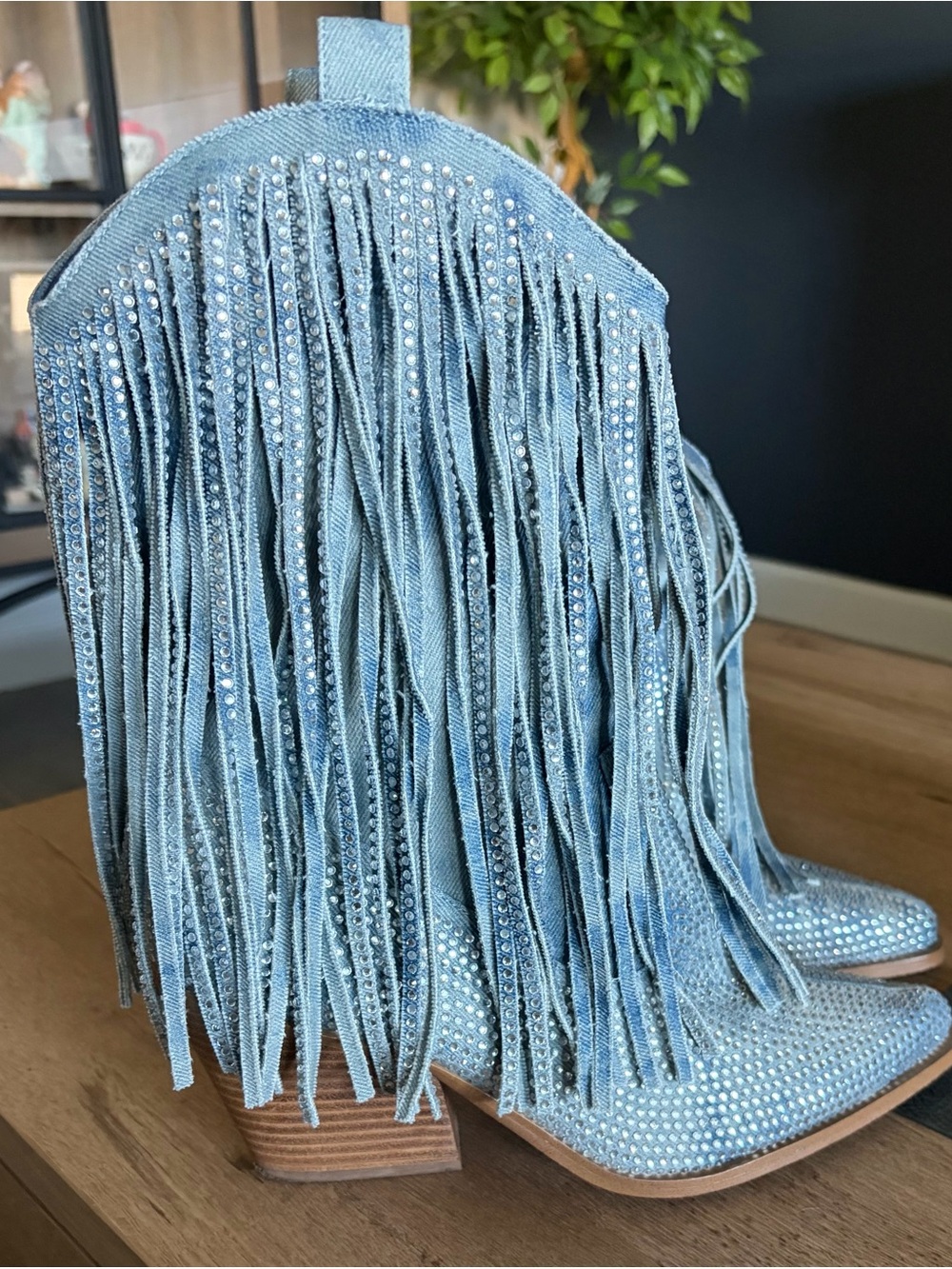 Jessica Simpson Light Blue Denim Fringe Crystal Ankle Boots size 10
